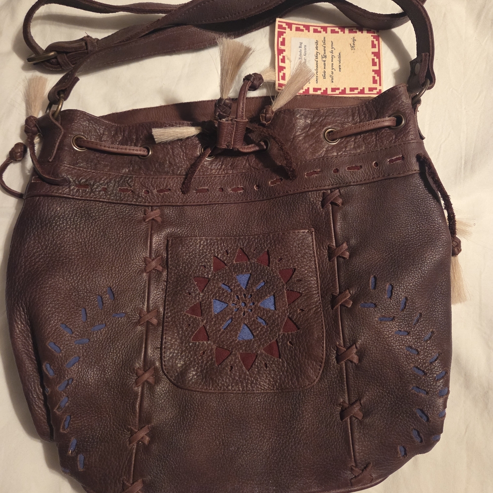 Brown and Blue Embroidered Leather Shoulder Bag